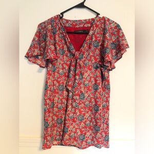 Lauren Ralph Blouse Floral Flutter Sleeve Tie Neck medium- classic